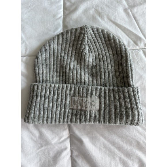 Victoria's Secret PINK Toboggan Beanie Hat Light Gray OS EUC - Picture 1 of 4